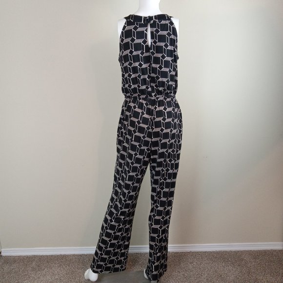 En Focus Women's Halter Neck Jumpsuit Size 8 Black White Stretch Geometric Print - Picture 5 of 8